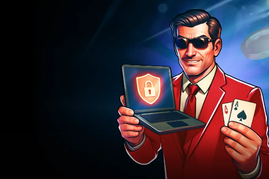 手持加密电脑和扑克牌的人物