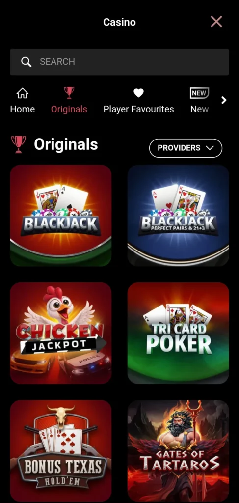 CoinPokerカジノアプリのロビー画面のスクリーンショット。人気ゲーム、スロット、ボーナス購入ゲームを表示。