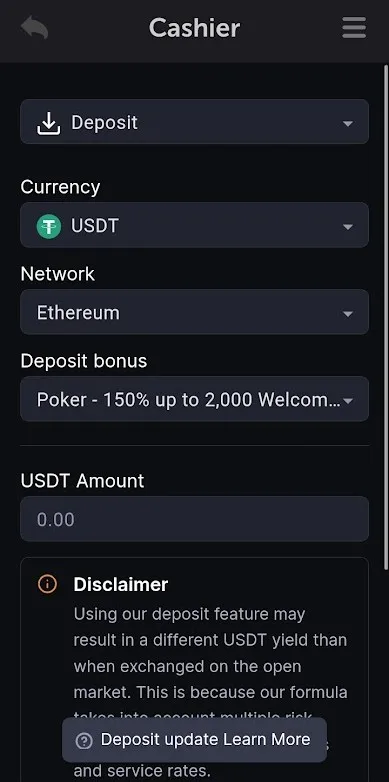Ảnh chụp màn hình hiển thị giao diện Thu ngân của CoinPoker trên thiết bị di động, nơi người dùng chọn loại tiền điện tử, tiền thưởng và gửi tiền đến địa chỉ ví.