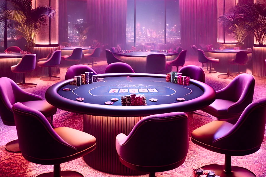A live poker table sits in the middle of a cardroom, waiting for players to take their seats