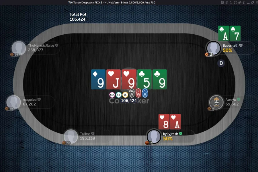 A Sunday PKO (knockout poker tournament) on CoinPoker, where players profit from eliminating other players from the event.