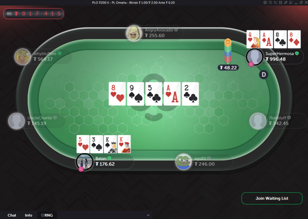 PLO hand reaches showdown in a cash game CoinPoker, where one player has almost 500 big blinds in their deep stack