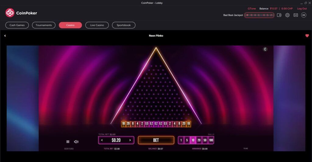 An online Plinko game on CoinPoker Casino called Neon Plinko
