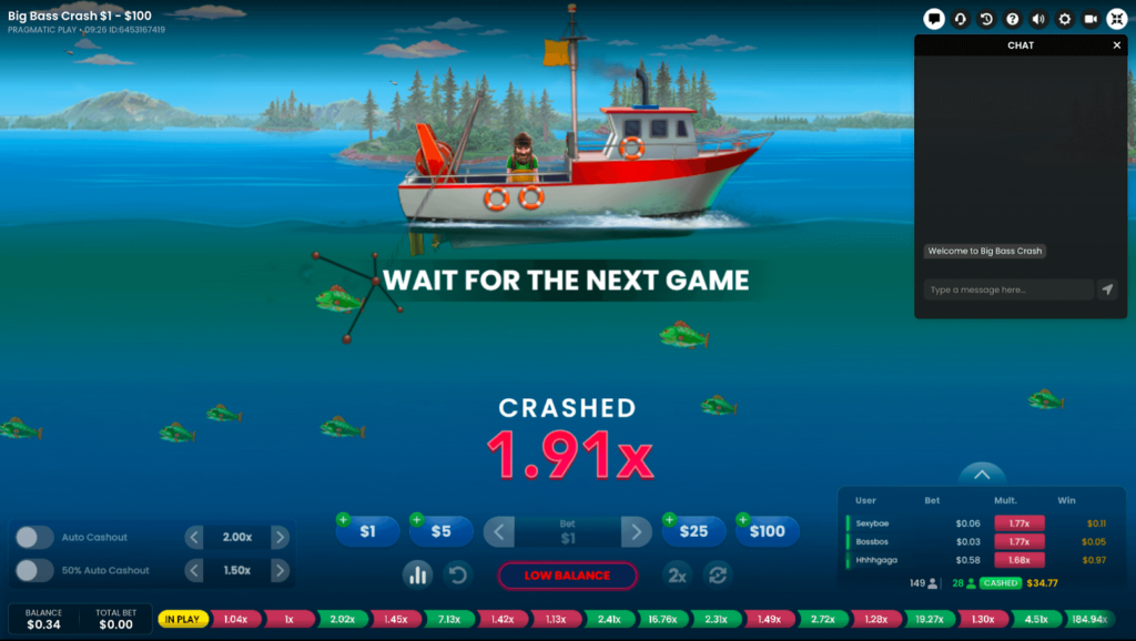 A game of Big Bass Crash on CoinPoker, a leading crypto crash game site.