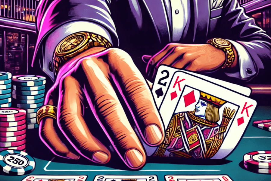 A poker player shows his cards (2-K) in a poker game