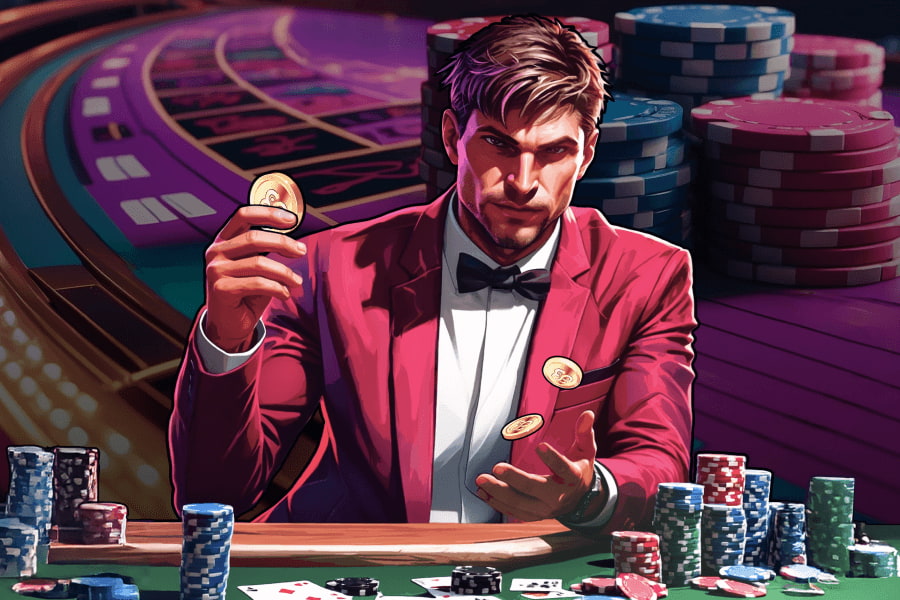 A poker player holds a poker chip and sits behind a large stack of chips in a poker game.