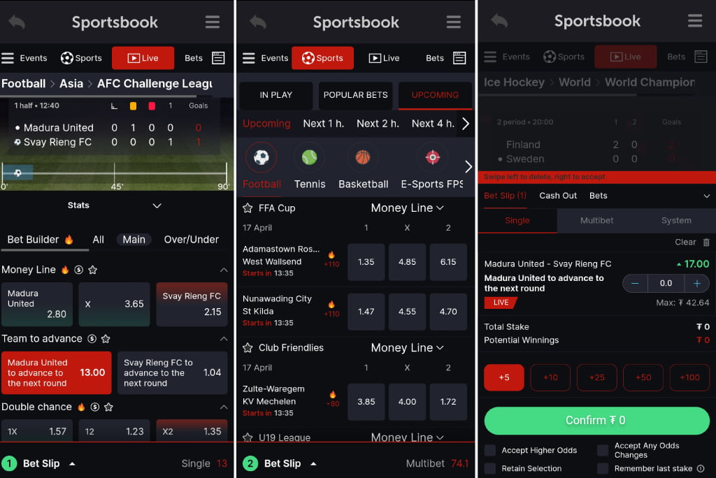 An image of the CoinPoker Sports Betting app, displaying live betting and traditional betting options.