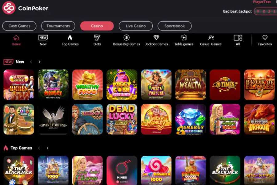 An image of the CoinPoker Casino lobby, showing thumbnails for various new games, top games, and other online casino game variants.