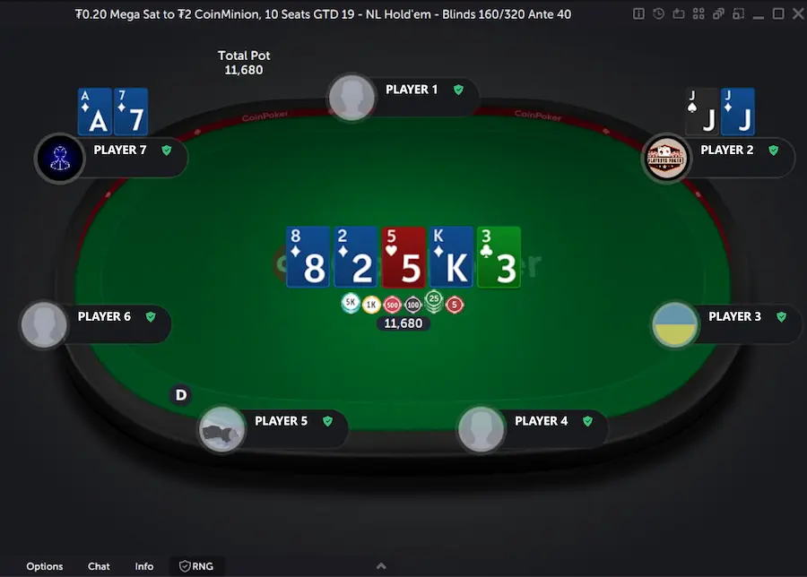 Two players in a No Limit Texas Holdem tournament showdown, one wins with a flush with A-7-8-2-K of diamonds and the other has a pair of Jacks.