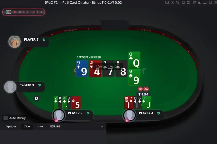 Two players in a 5-card Pot Limit Omaha cash game showdown and run it twice, where one player wins with a straight on both boards (7-8-9-T-J and 8-9-T-J-Q), and the other player loses twice with two pair and pair (4-4-9-9-K and 4-4-K-Q-9).