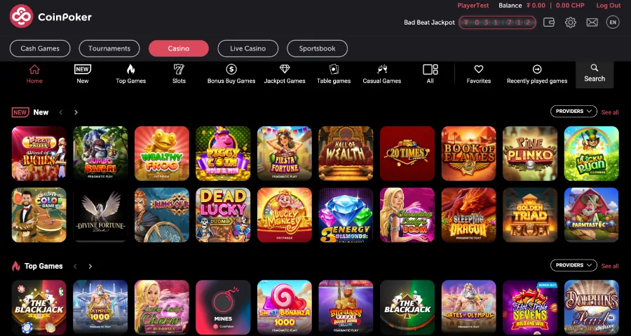 An image of the CoinPoker Casino lobby, showing thumbnails for various new games, top games, and other online casino game variants.