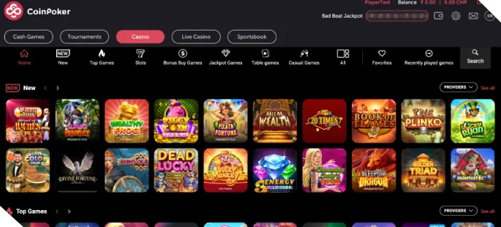 An image of the CoinPoker Casino lobby, showing thumbnails for various new games, top games, and other online casino game variants.