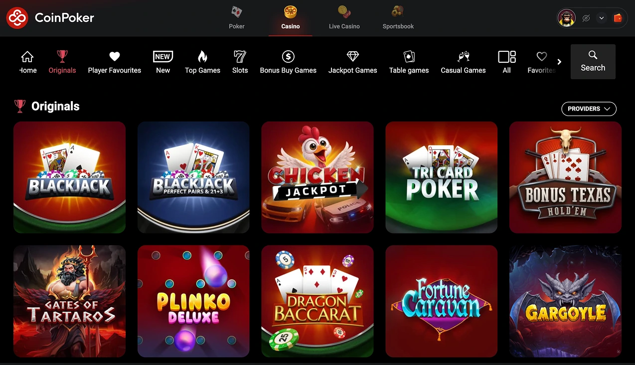 An image of the CoinPoker Casino lobby, showing thumbnails for various new games, top games, and other online casino game variants.