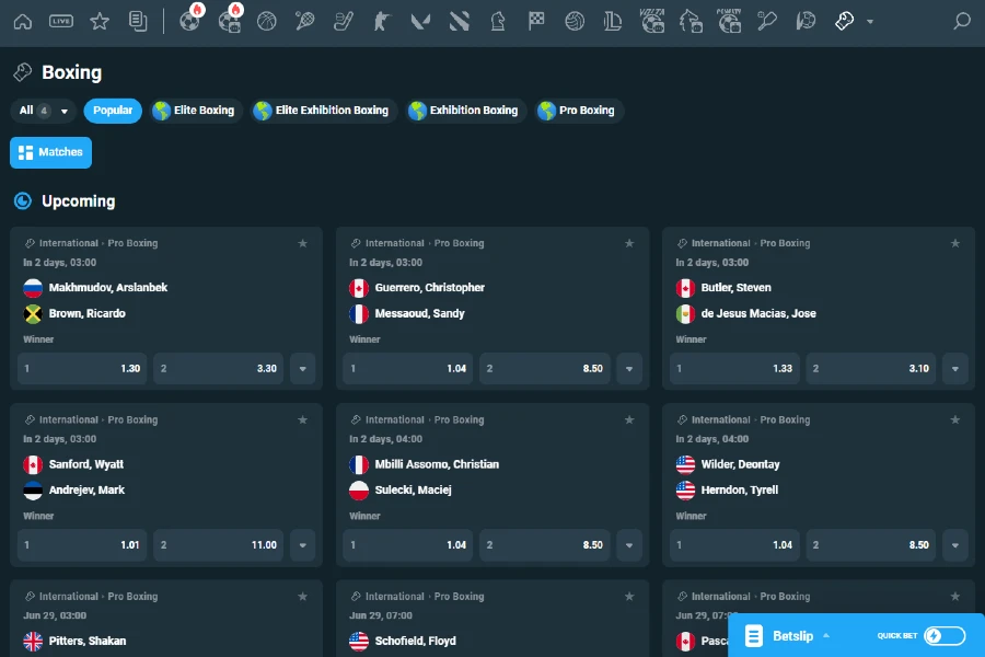 A screenshot of the CoinPoker crypto boxing betting lobby showing various events and betting markets for live or future bets.