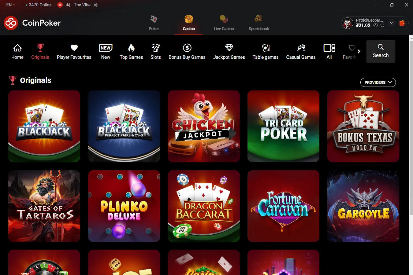 A screenshot of the real money Blackjack lobby and several popular titles found on CoinPoker Casino.