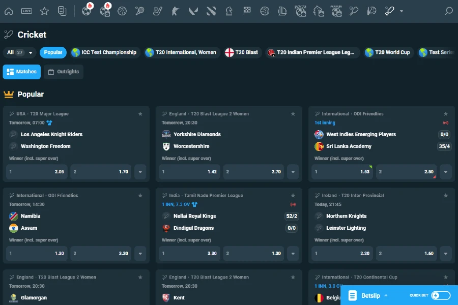 A screenshot of the CoinPoker crypto cricket betting lobby showing various events and betting markets for live or future bets.