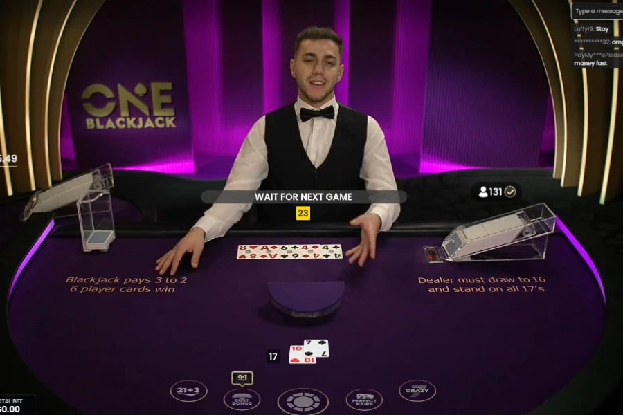 A One Blackjack game underway in the CoinPoker Casino where the player decides what to do on a 10 and 7.