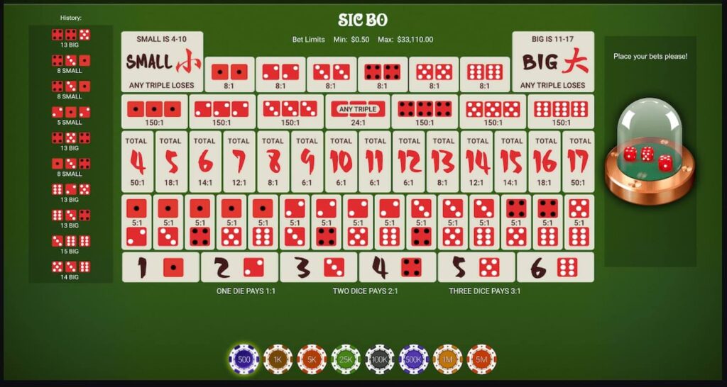 Sic Bo dice table game on CoinPoker, showing the odds & payouts for different dice combinations.