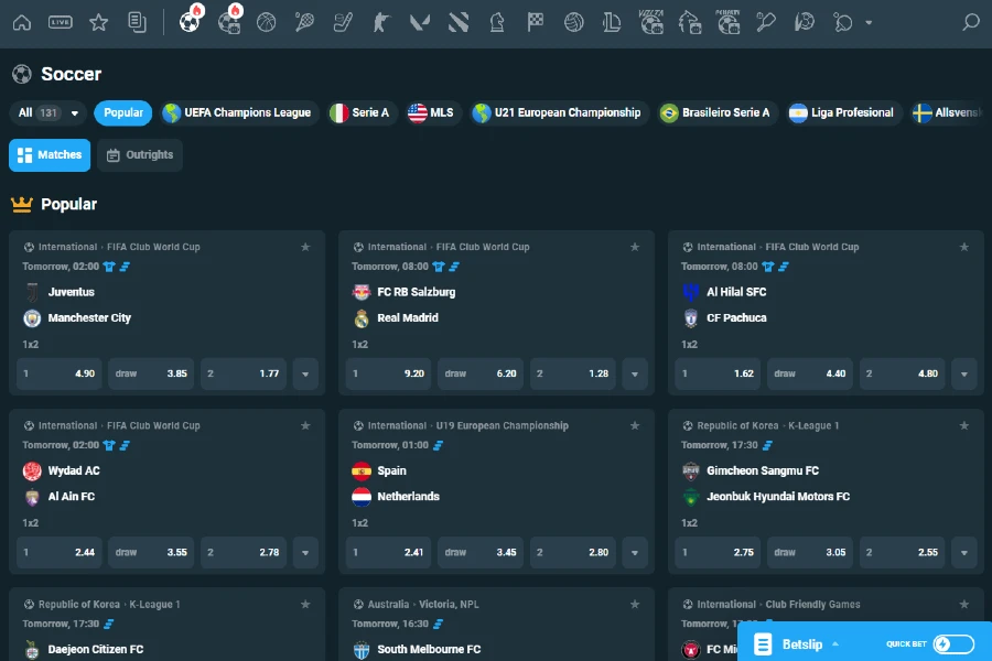 A screenshot of the CoinPoker soccer (soccer) betting lobby showing various events and betting markets for live or future bets.
