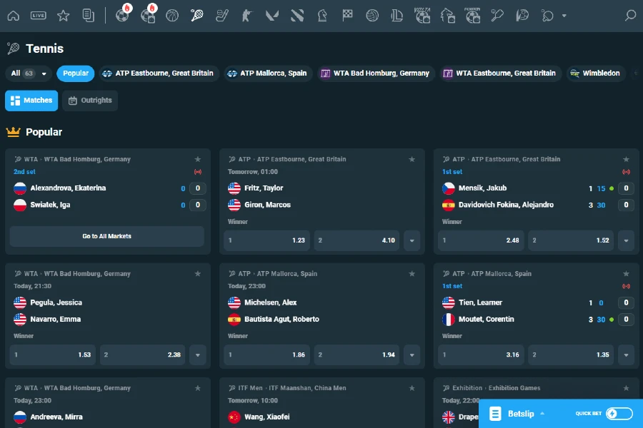 A screenshot of the CoinPoker tennis betting lobby showing various events and betting markets for live or future bets.