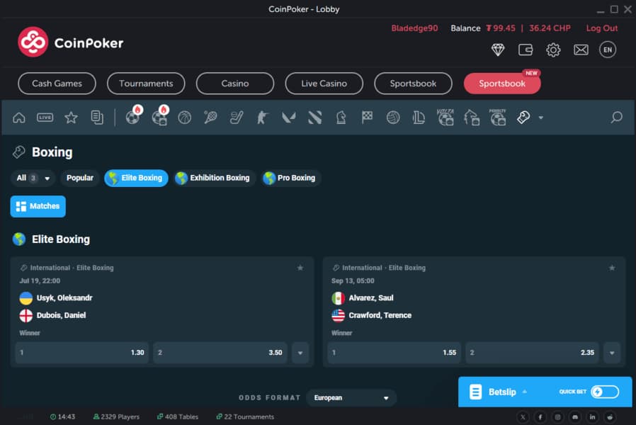 Elite boxing markets on CoinPoker crypto sportsbook, showing odds for Oleksandr Usyk vs. Daniel Dubois and Saul Alvarez vs. Terrence Crawford.