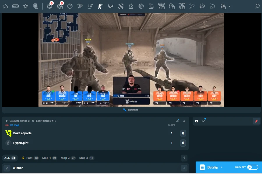 A CS2 live match goes on in the CoinPoker Esports betting application.