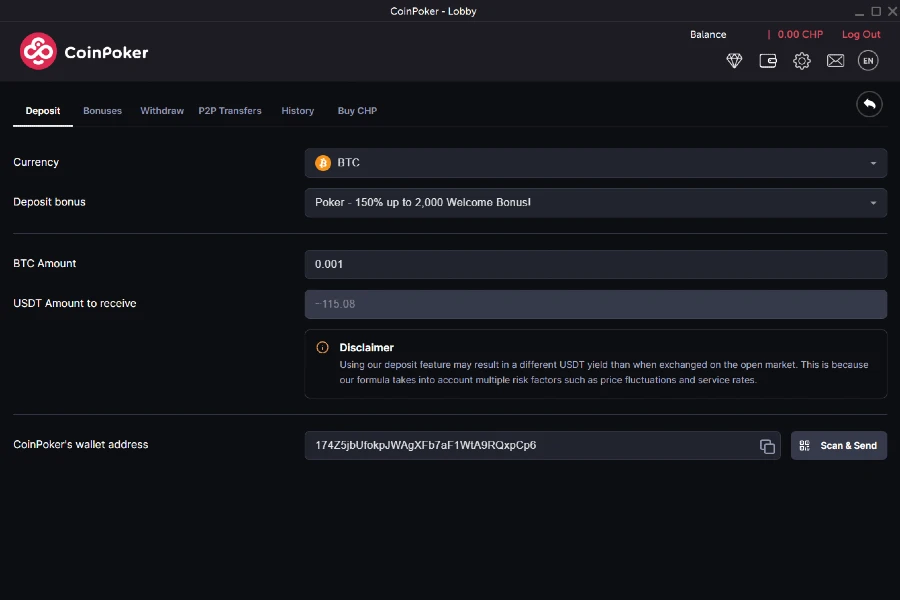 A screenshot shows the CoinPoker Cashier, where users select Bitcoin (BTC), a bonus, and send funds to a wallet address.