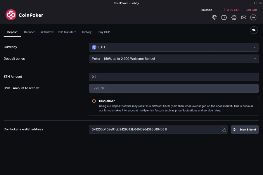 A screenshot shows the CoinPoker Cashier, where users select Ethereum (ETH), a bonus, and send funds to a wallet address.