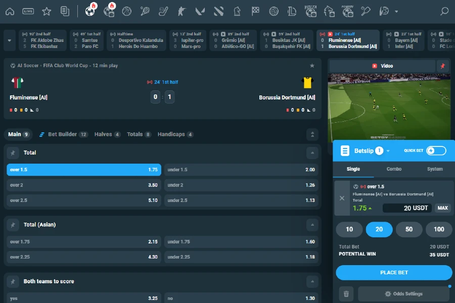 Betting markets for Fluminese vs. Borussia dortmund FIFA esports Club World Cup betting match on CoinPoker sportsbook.