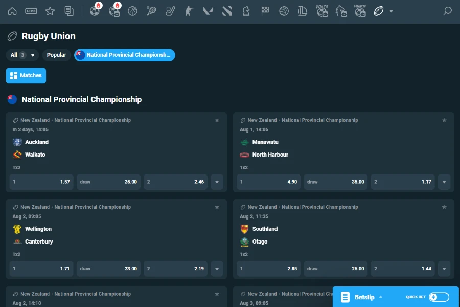Rugby Union betting markets from National Provincial Championship.