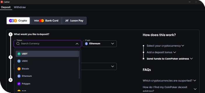 A screenshot shows the CoinPoker Cashier, where users select a crypto coin, a bonus, and send funds to a wallet address.