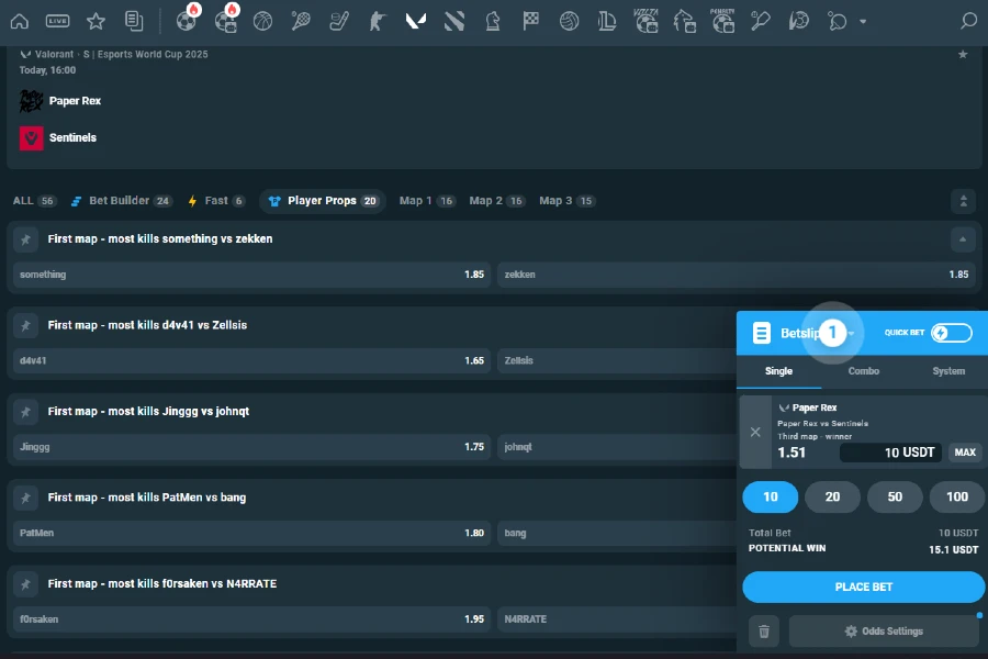 Valorant Betting Market on CoinPoker sportsbook for Paper Rex vs. Sentinels.