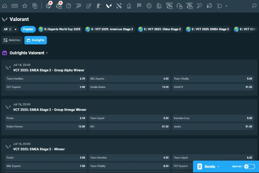 Outrights Valorant betting Markets for VCT 2025 for Group Alpha and Omega winners.