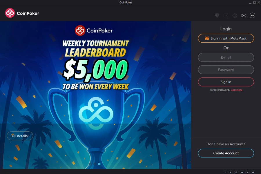 A screenshot of the CoinPoker main page where users can login, or click register to sign up for an account.