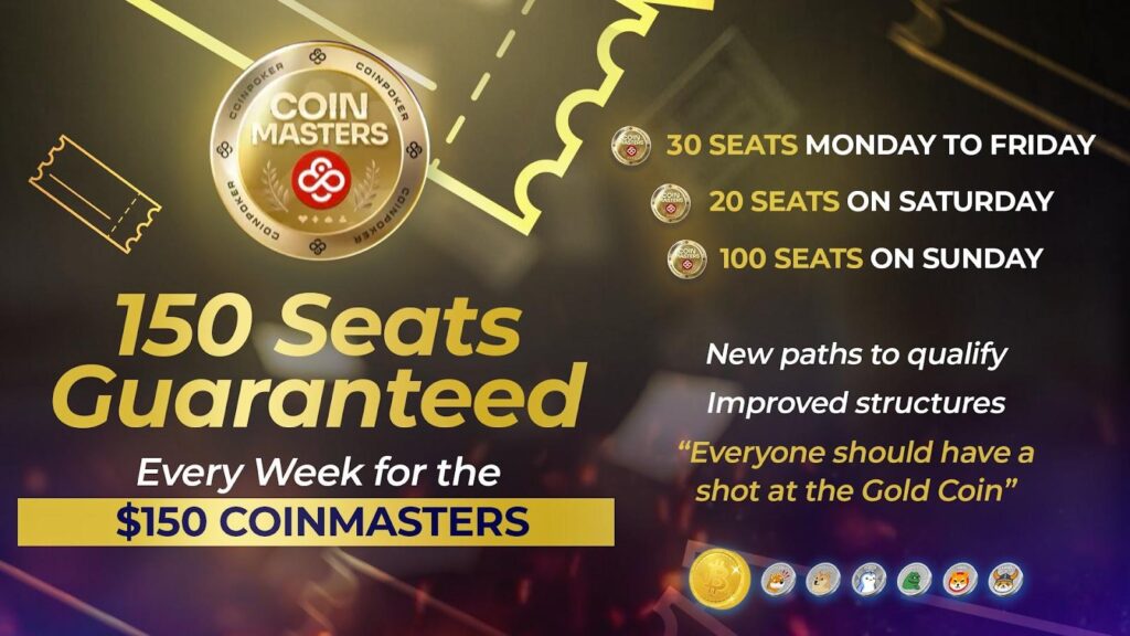 CoinMasters promotions showing 150 guaranteed weekly seats for the tournament.