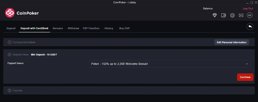 Step 2 of the Bank Card Deposit on CoinPoker where a player can select a bonus.