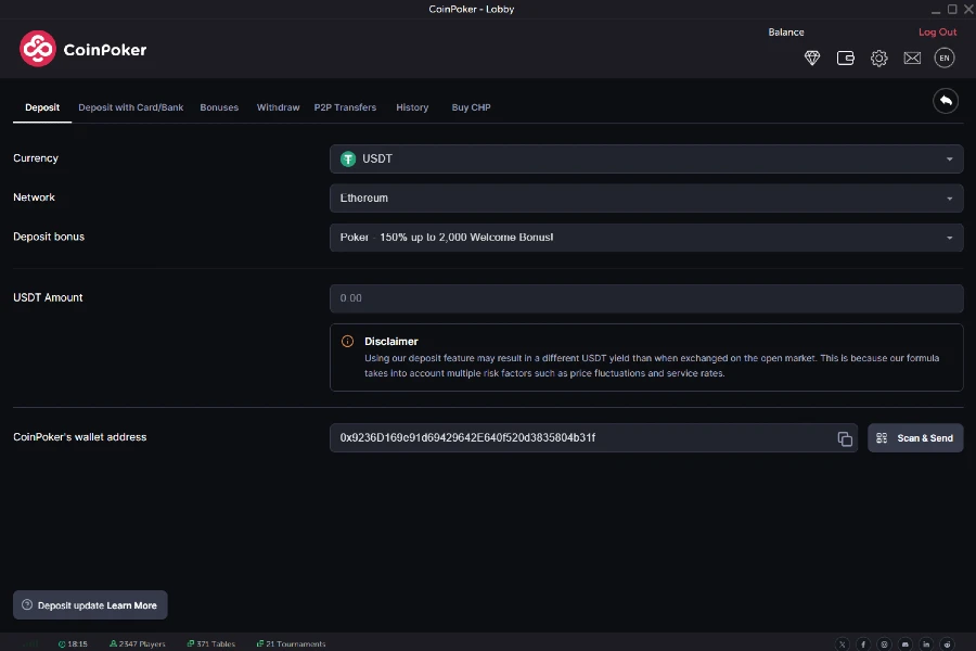 The CoinPoker cashier, showing the deposit tab.