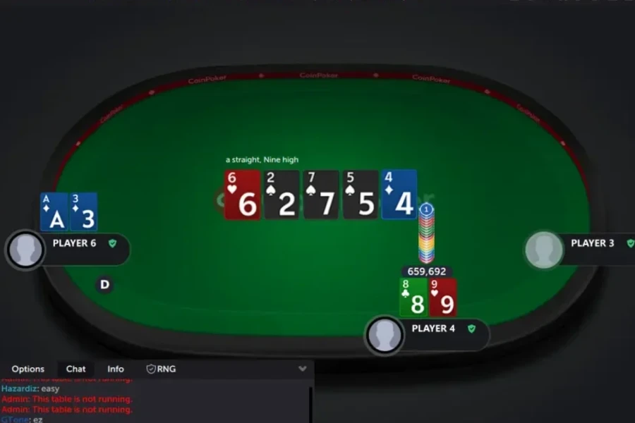 A freeroll on CoinPoker where both players have a straight but one has a straight from 5 to 9 and the other has a lower straight from 3 to 7.
