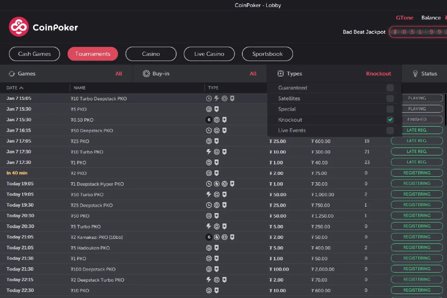 the tournament lobby on CoinPoker showing real money poker tournament options.