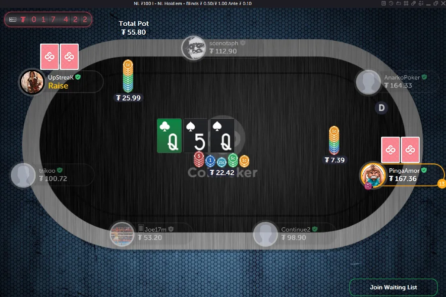 A player makes a large raise in a game of No Limit Holdem on CoinPoker.
