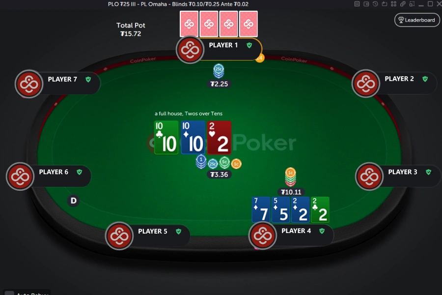 A player chooses a bet size in a game of Pot Limit Omaha on CoinPoker