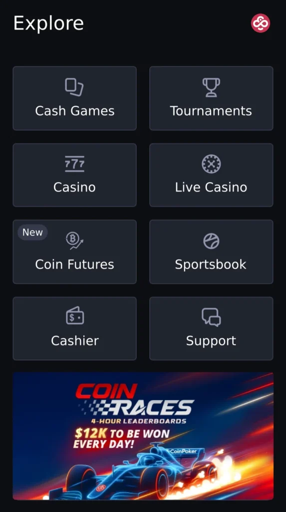 CoinPoker mobile web browser version showing the main lobby.