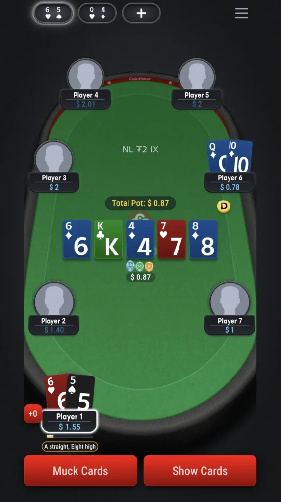 A round of No Limit Texas Holdem Poker on CoinPoker mobile browser.