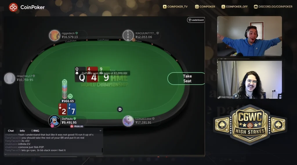 Ryan Depaulo wins by bluffing with 7-2 while playing the new Seven Deuce Game on CoinPoker.