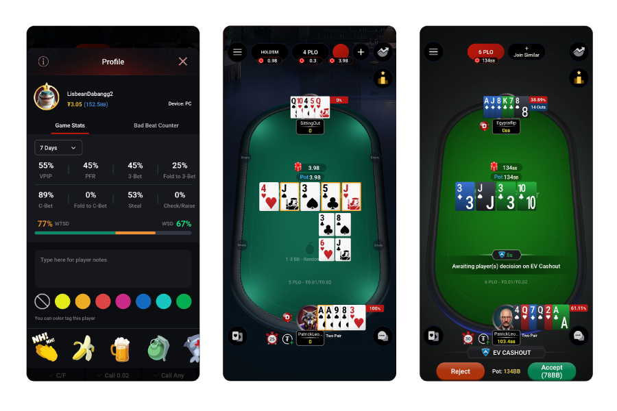 The CoinPoker mobile app, plus an image of the desktop app, side by side.