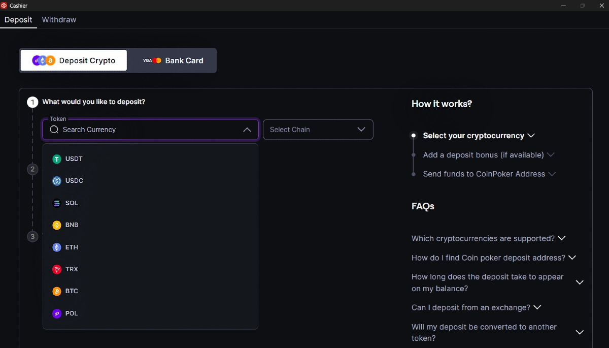 A screenshot shows the CoinPoker Cashier, where users select Bitcoin (BTC), a bonus, and send funds to a wallet address.