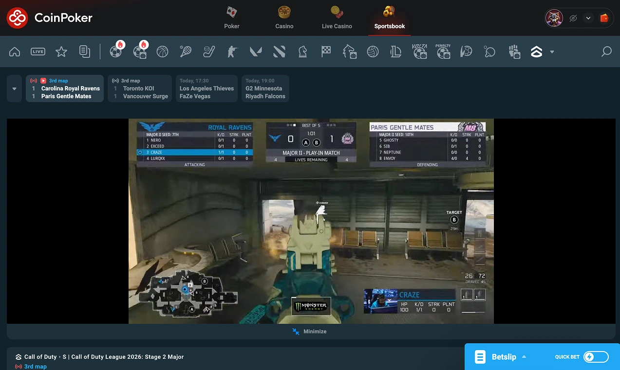 A look at a live CDL (Call of Duty League) match in the CoinPoker Esports betting app.