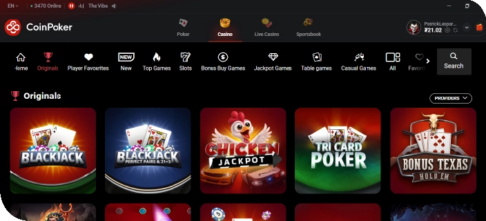 A look at the CoinPoker casino main page where players can choose their online casino games.
