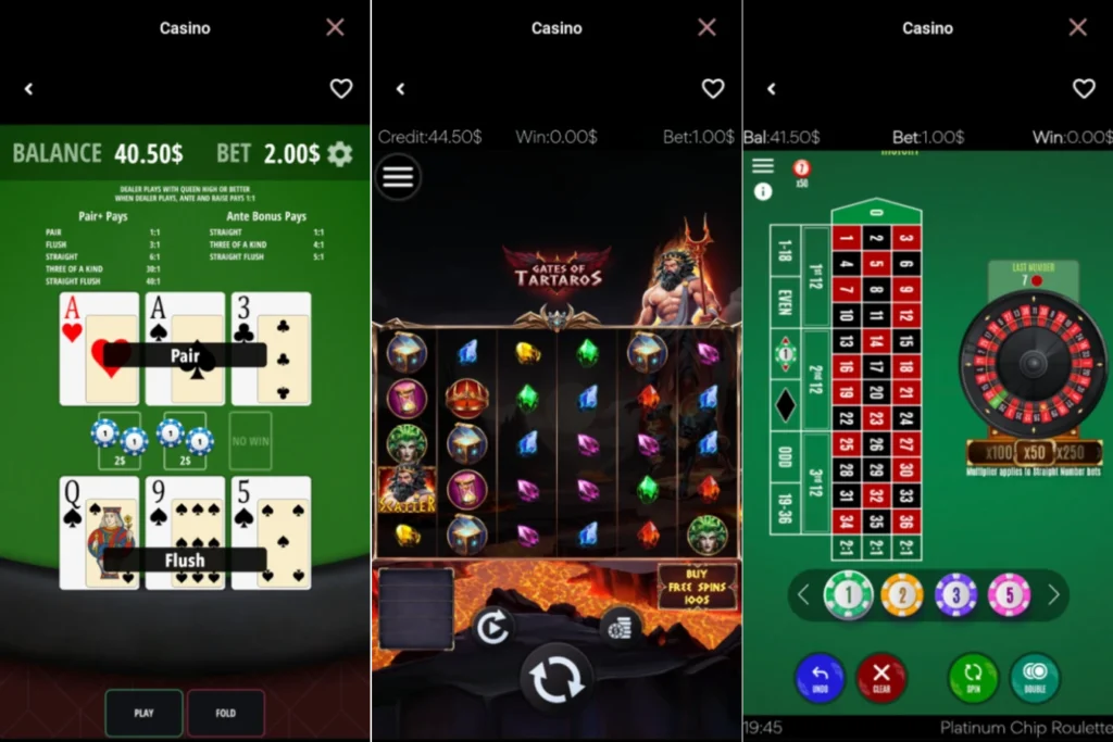 A look at the deposit, game search, and gameplay on the CoinPoker Casino app.