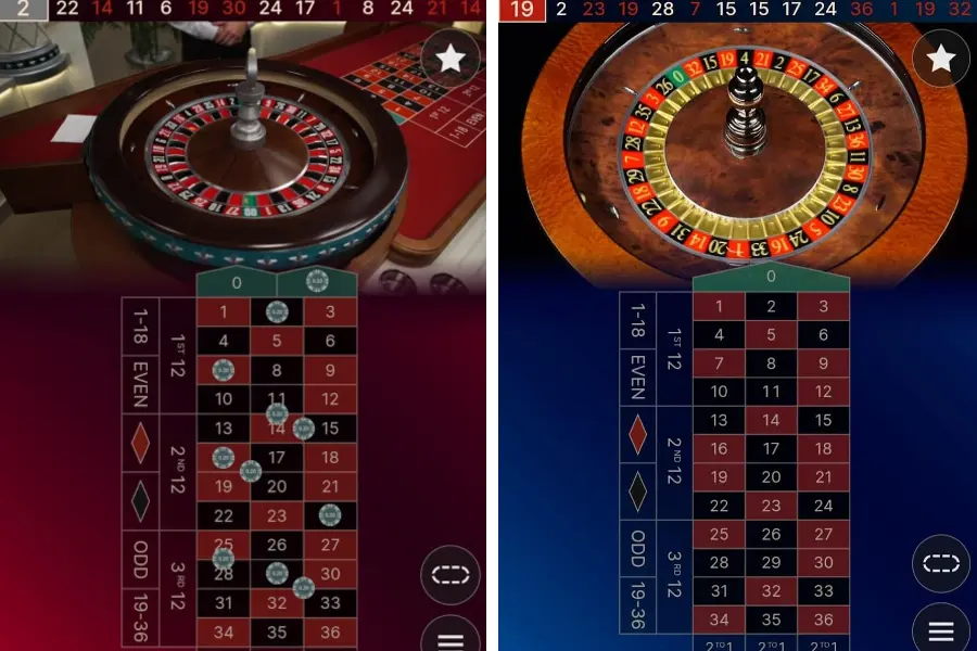 Two separate screens showing mobile roulette action on the CoinPoker casino app.